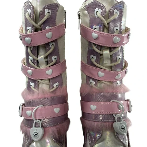 Demonia Ashes-120‎ holographic patent chunky platform boots women size 8 Pink - Picture 5 of 12